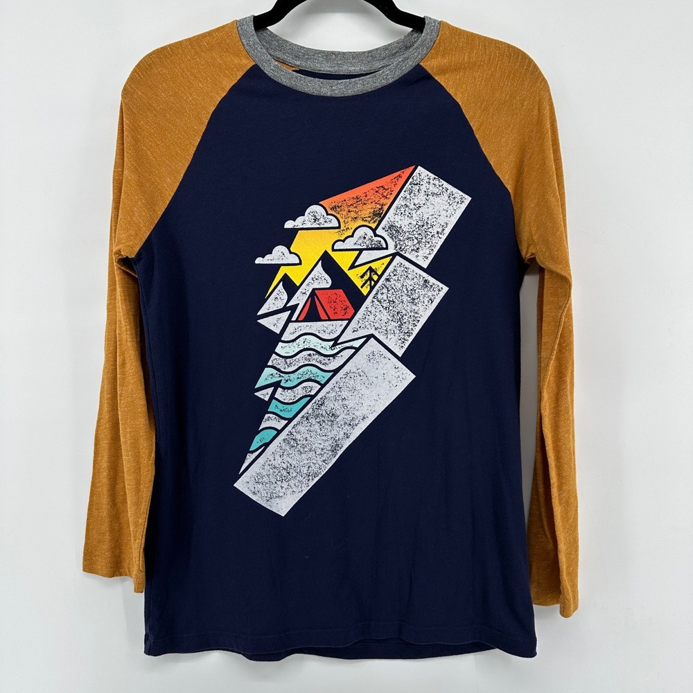 Old Navy Boys XXL 18 Raglan Graphic Tee Navy Yellow Mountain Camping S/451417